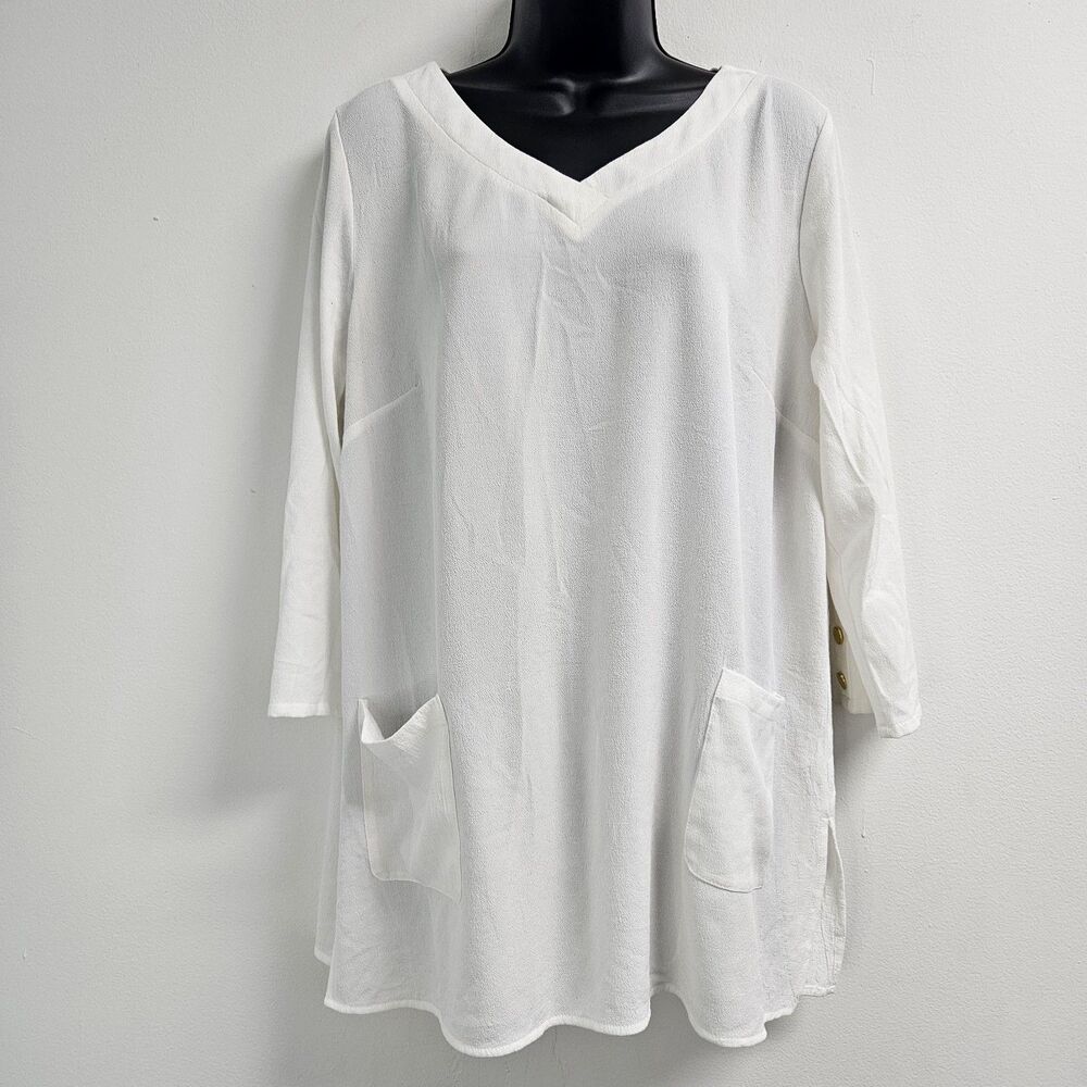 Linea by Louis Dell'Olio Shirt Women Large White Gold Buttons Pockets Modern